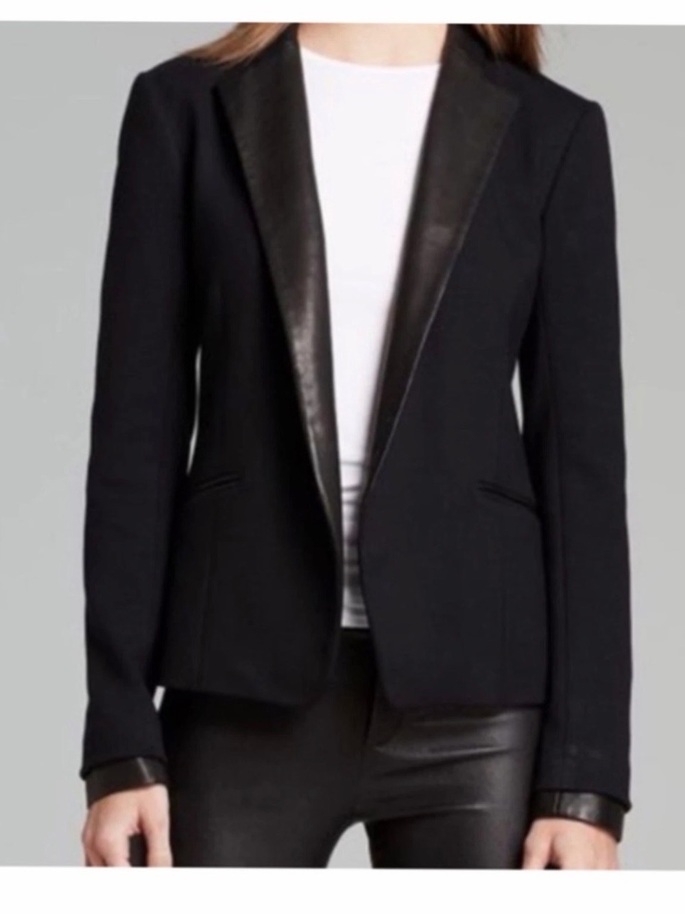 Theory Leandria Leather Trim Tuxedo Blazer Jacket Black Size 6